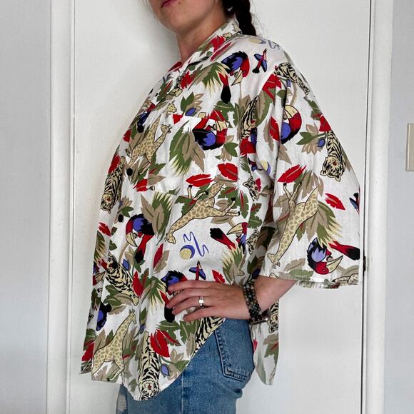 Rhapsody Safari Jungle Print Button Up Cotton Blouse Vintage 1990s Size Large - Picture 7 of 12
